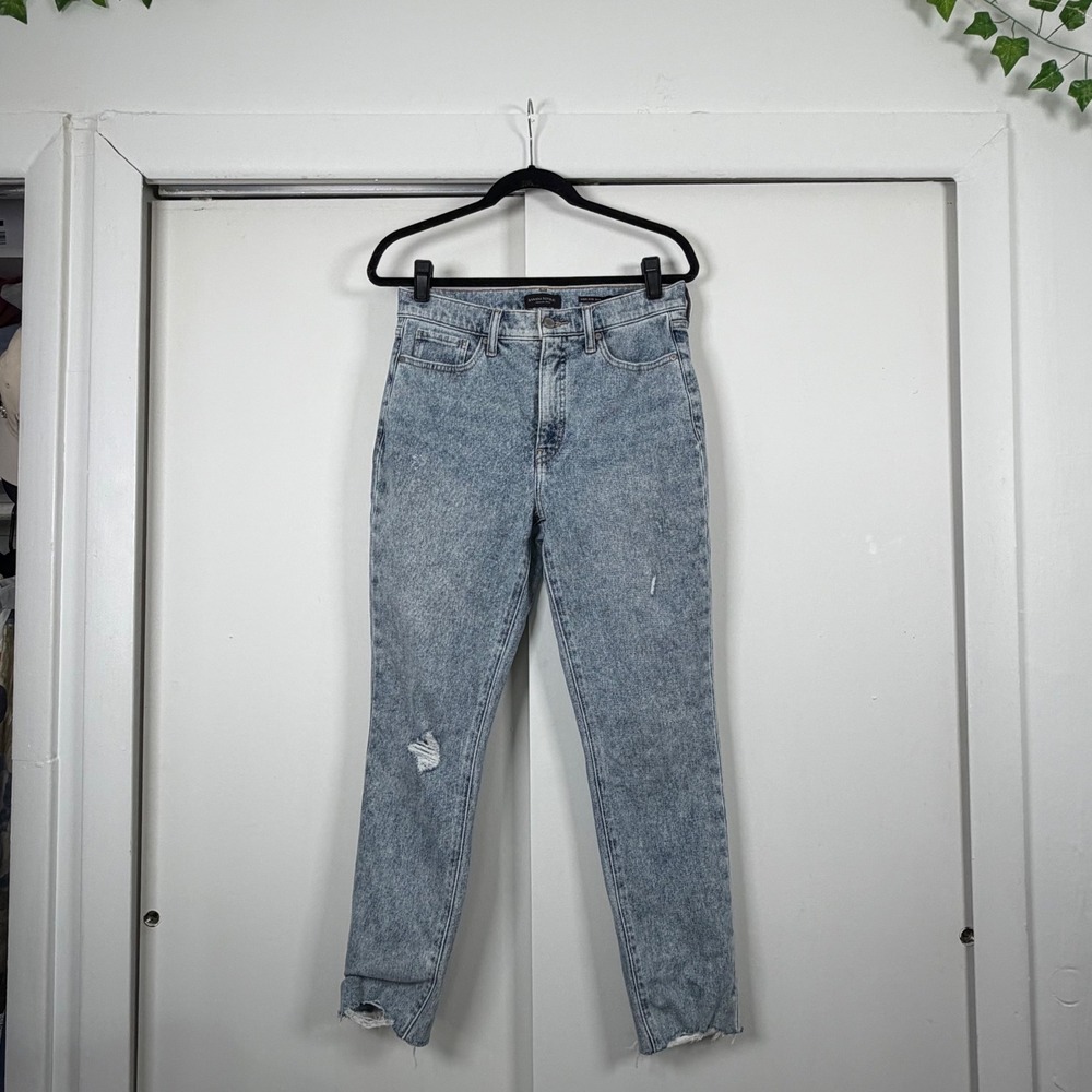 Banana Republic High Rise Slim Jeans Light Acid Wash Distressed Raw Hem Sz 29 SS